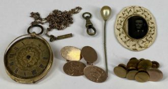 PAIR 9CT ROSE GOLD OVAL CUFFLINKS, 5.9gms, gold fob watch marked 18k, 11.3gms excluding movement etc