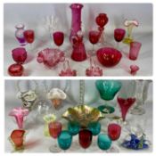 GROUP OF DECORATIVE GLASSWARE including cranberry, ruby and green glass vases, bowls and drinking