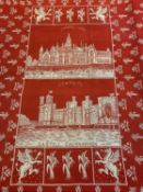 WELSH WOOLLEN BLANKET, red and cream with titled picture of Coleg Prifysgol Cymru to one side,