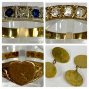 9CT GOLD JEWELLERY, ring set with a band of diamonds and sapphires, size N, pair of oval