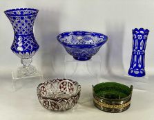 BOHEMIAN BLUE & CLEAR CUT GLASS 'THISTLE' VASE, 35cms (h), similar smaller vase, 25.5cms (h),