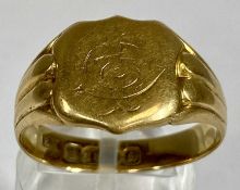 9CT GOLD SIGNET RING, engraved and monogrammed, size U, 6.2gms Provenance: private collection
