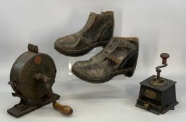 ANTIQUE/VINTAGE DOMESTIC COLLECTABLES including pair of felt line leather clogs with wooden soles,