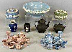 ASSORTED WEDGWOOD including a blue basalt tea set, pink basalt tea set, three black basalt pieces,