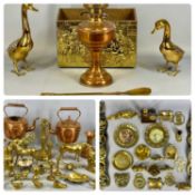 QUANTITY OF COPPER & BRASSWARE to include oil lamp, fire irons, duck ornaments, horse brasses, etc