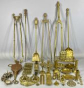 GROUP OF ANTIQUE & LATER BRASS FIRESIDE ACCESSORIES including tongs, shovels, pokers, trivet,