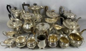 GROUP OF PLATED ITEMS including tea sets, one having embossed decoration, one having antler