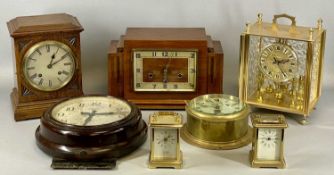 GROUP OF CLOCKS comprising two lacquered brass carriage clocks, 12cms (h), brass cased ship's