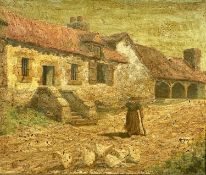 19th CENTURY FRENCH SCHOOL oil on canvas - farm buildings with figure in foreground, indistinctly