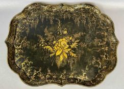 LARGE VICTORIAN BLACK LACQUERED PAPIER MACHE TEA TRAY, having shaped, moulded border, gilded