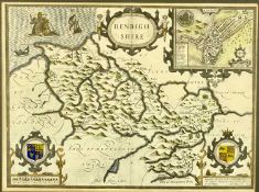 JOHN SPEEDE ANTIQUE COLOURED ENGRAVED MAP DENBIGHSHIRE having town plan of Denbigh, double sided, 35