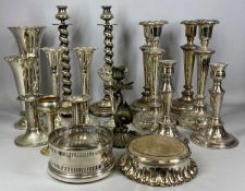 GROUP OF PLATED ITEMS including pairs of candlesticks, 34cms (h) the largest, trumpet form vases and