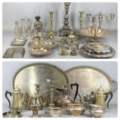 LARGE COLLECTION OF PLATED ITEMS including pair of Georgian style candlesticks, 25cms (h), oval
