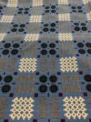 TRADITIONAL WELSH WOOLLEN BLANKET, blue/cream/grey geometric pattern, double sided, fringed, Welsh