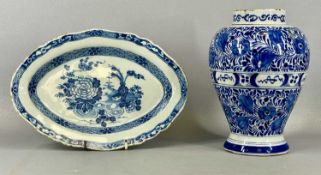 IRISH DELFT OVAL BLUE & WHITE DISH, mid-18th century 'Vase of Feathers', 22 x 30.5cms and a delft/