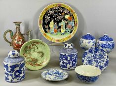 JAPANESE CERAMICS & KUTANI EWER, 28cms (h), a pair of Seto blue and white floral vases, 17cms (h),