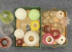 COLLECTION OF ANTIQUE & VINTAGE GLASS LIGHT SHADES including etched, clear and green glass, oil lamp