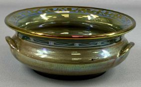 ROYAL LANCASTRIAN CIRCULAR THREE-HANDLED BOWL probably by Gordon Forsyth, green lustre glazed,