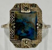 ART DECO WHITE METAL RING, set with rectangular quartz hardstone in marcasite mount, size Q
