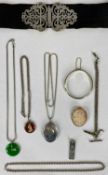 A SELECTION OF SILVER JEWELLERY including Victorian nurse's belt buckle, Birmingham, 1897, gem set