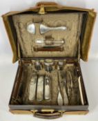 LEATHER TRAVELLING CASE (early 20th century), silk lined interior fitted with various silver
