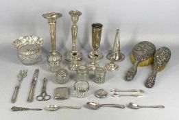 GROUP OF SMALL SILVER/WHITE METAL COLLECTABLES including candle holder and posy vase, two squat
