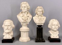 FOUR PARIAN WARE BUSTS of composers Schiller, 40cms (h), Beethoven, on marble pedestal, 35cms (h),