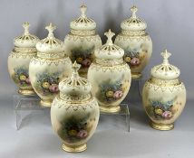 SEVEN ROYAL WORCESTER STYLE CREAM GLAZED POT POURRI of baluster form, bodies decorated with floral