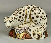 ROYAL CROWN DERBY 'SNOW LEOPARD' PAPERWEIGHT with gold stopper, printed mark in red, boxed