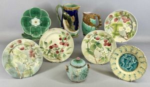 19TH CENTURY MAJOLICA CERAMICS including jug decorated with fish, 20cms (h), bamboo and fern jug,