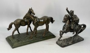CONTEMPORARY BRONZE EFFECT SCULPTURE OF TWO HORSES, 25cms (h) and a spelter figure of Cavalier on