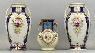 PAIR OF NORITAKE TWO-HANDLED BALUSTER VASES decorated with roses and gilded highlights, 23cms (h),
