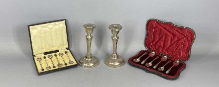 GROUP OF SMALL SILVER ITEMS including pair of circular silver candlesticks, 20th century, Chester