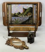 VICTORIAN WALNUT BOOK RACK with inlay, another similar 19th century, a butterfly type tray, carved