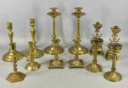 ANTIQUE BRASS CANDLESTICKS, various pairs and singles including an early 19th century pair having