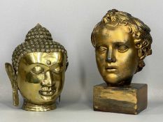 TWO DECORATIVE BUSTS being a gilded composite example of a child on square base, stamped 'The