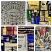 GROUP OF CUTLERY including antler handled three piece carving set with silver mounts and one