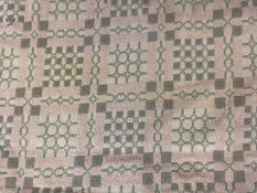 TRADITIONAL WELSH WOOLLEN BLANKET, pink, cream and green pastel geometric pattern, fringed, 192 x