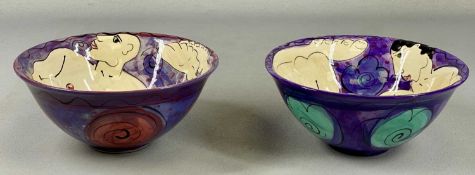 KAREN ATHERLEY (b. 1961) pair of ceramic bowls - painted with nude figures on a patterned blue
