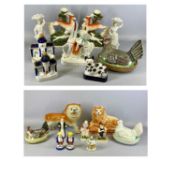 GROUP OF STAFFORDSHIRE FIGURES & ANIMALS, 19th century and later including hen on nest, two lions,