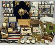 MIXED GROUP OF COLLECTABLES including coins, watch parts, antique blotter folder, pens, cufflinks
