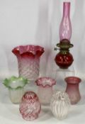 VICTORIAN/LATER LIGHTING ACCESSORIES including ruby and clear glass oil lamp shade with dimpled