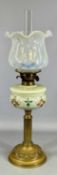 VICTORIAN OIL LAMP with embossed circular brass base and reeded column, floral painted opaque