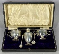 GEORGE V SILVER CONDIMENT SET of circular form, pepperette, lidded mustard pot and two-handled