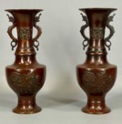 PAIR OF JAPANESE BRONZE TWO-HANDLED VASES, late 19th century, decorated with flowers, 25.5cms (h)
