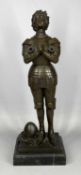 BRONZE SCULPTURE OF JOAN OF ARC, 20th century, modelled standing praying with helmet and armour at