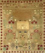 LARGE WOOLWORK SAMPLER with alphabet and verse, birds, flowers, house and trees, Mary Thomas 1894,