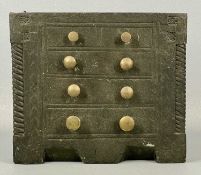 WELSH FOLK ART CARVED SLATE DOORSTOP in the form of a chest, four long drawers, with brass knob
