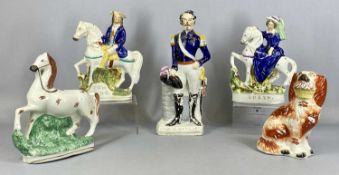 GROUP OF 19TH CENTURY STAFFORDSHIRE FIGURES including a russet and cream seated spaniel with