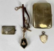 9CT ROSE GOLD & LEATHER ALBERT CHAIN with T bar and twin clips, Masonic bloodstone mounted locket,